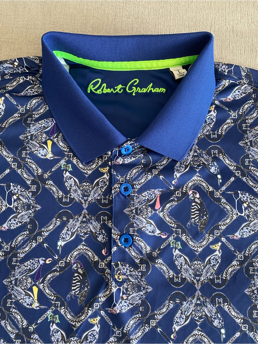 Robert Graham Polo Shirt Classic Fit Performance UV Protection Mens L Blue Birds